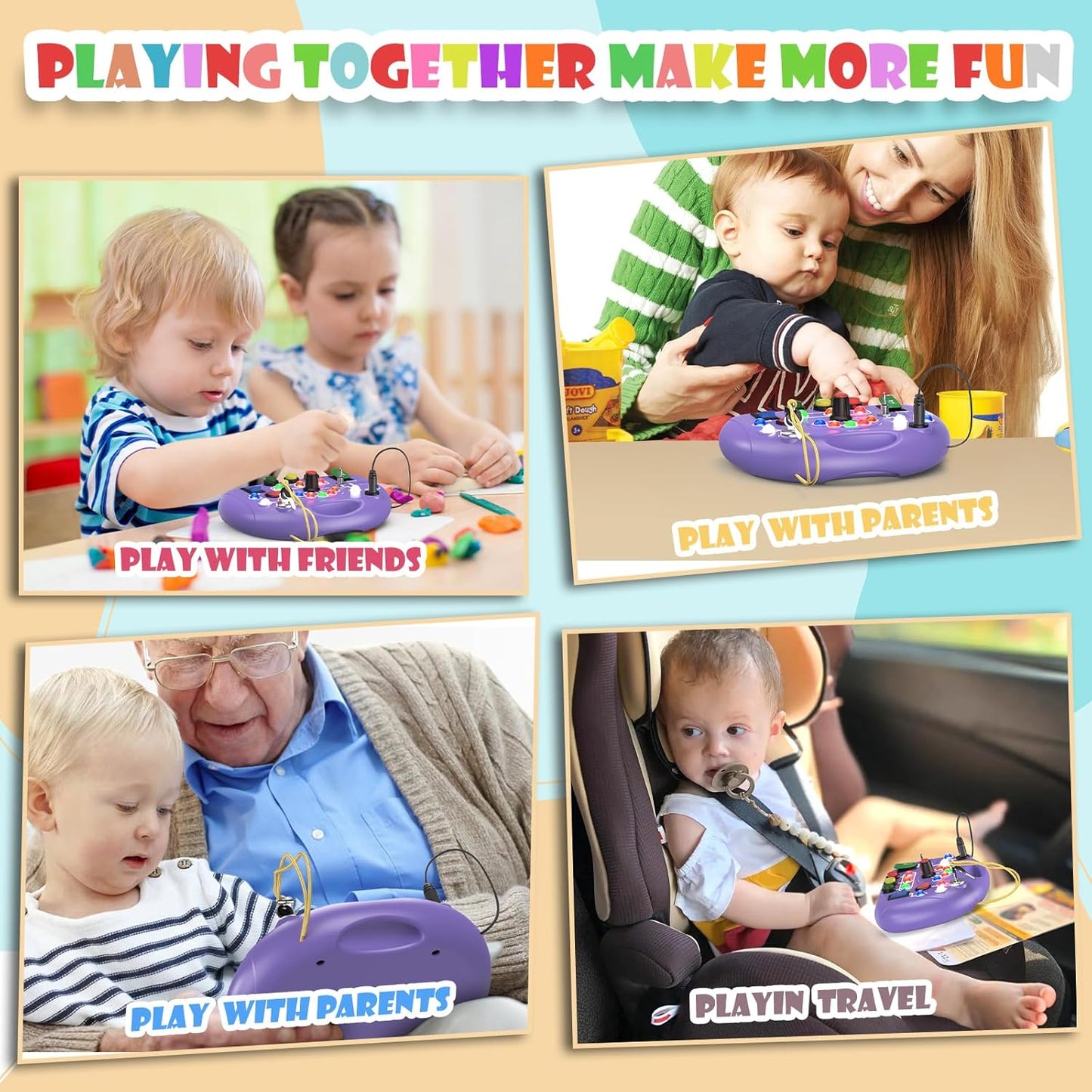 Montessori Busy Board with LED Light for Toddlers 2-4 Year Old, Sensory Toys with Sounds & Switches, Car Driving Travel Toys for Kids, Preschool Busy Book Boy and Girls Birthday Gifts (Pink)