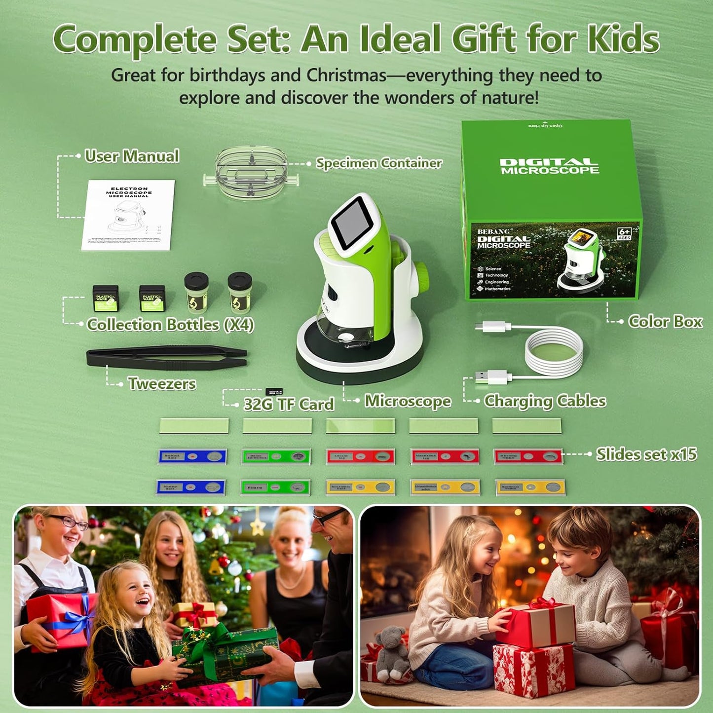 Detachable Kids Handheld Microscope Miniscope - 4K 2.0" HD Screen, 1000X Digital Pocket Toy Microscopes for Boys & Girls Ages 4-12 - Portable Science Stem Kit with Slides Set, 32G Card