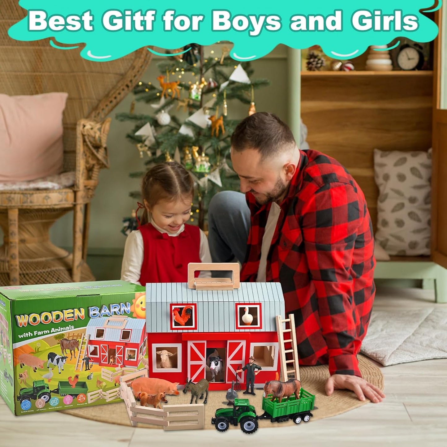 Wooden Barn Toys, Play Barn with 12 Animal Play Figures for 3+ Years Old, Toy Barn and Farm Animals,Wooden Barn Playset for Christmas Birthday Gift for Boys Girls