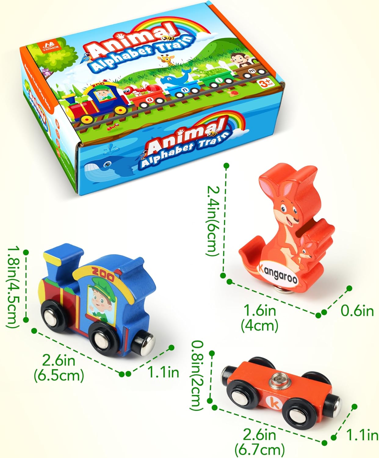 Vanmor Wooden Train Set for Toddlers - Snap-Connection Animal Trains, Magnetic Alphabet Train Learning Toys, STEM Preschool Toys, ABC and Animal Play Set for Kids Ages 3-5