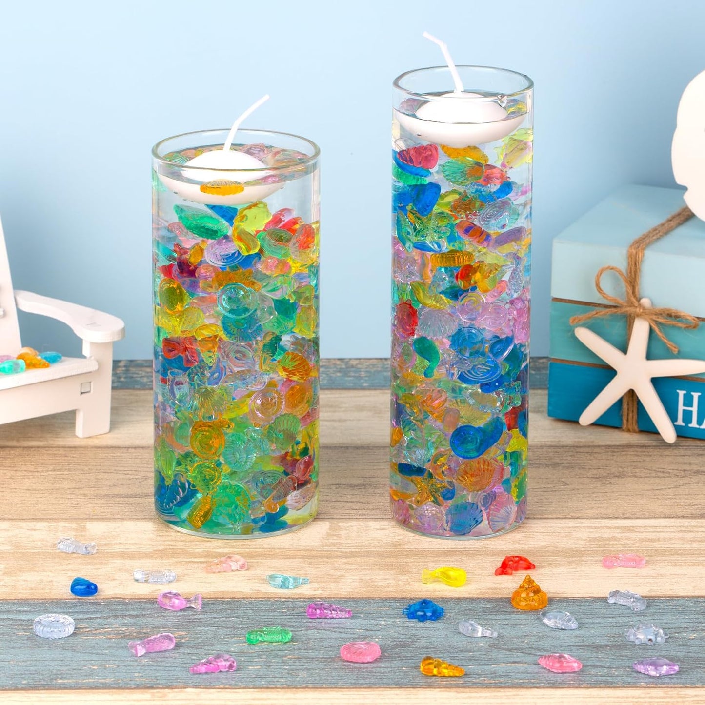 QEQEKAKA 100pcs Ocean Sensory Bin Filler Kit - Plastic Seashells Acrylic Gems for Diving, Vase Filler Decor, Mermaid Pool Treasure Hunt (0.5"-1.3" Fake Beach Shells)