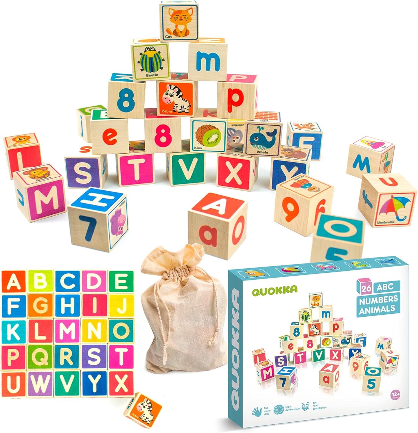 QUOKKA Montessori Wooden Blocks for Toddlers 1-3 - 35 Realistic ABC Learning Baby Blocks for Kids 3-5 Year Olds - Stacking Alphabet Wood Toys for 2-4 yo - Learn Letters Numbers
