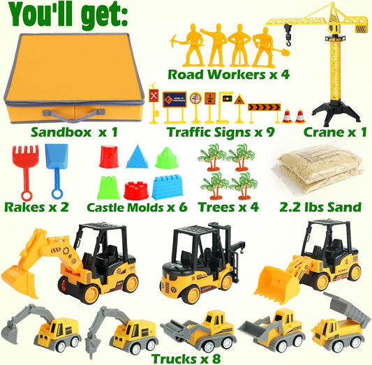 Billeeit Sand Construction Kit with Foldable 15 x 15 in Sand Box, 2.2 lbs Sensory Sand, 8 Trucks, Molds & Tools, Gift for Kids 3+