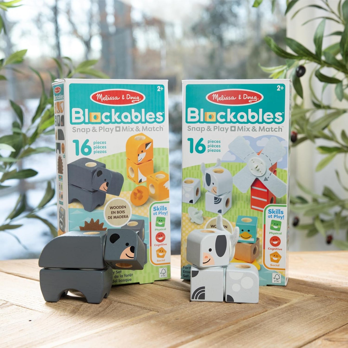 Melissa & Doug Blockables™ Farm and Woodland 2-Pack Bundle Connectable Wooden Building Blocks Preschool Play Set Toy