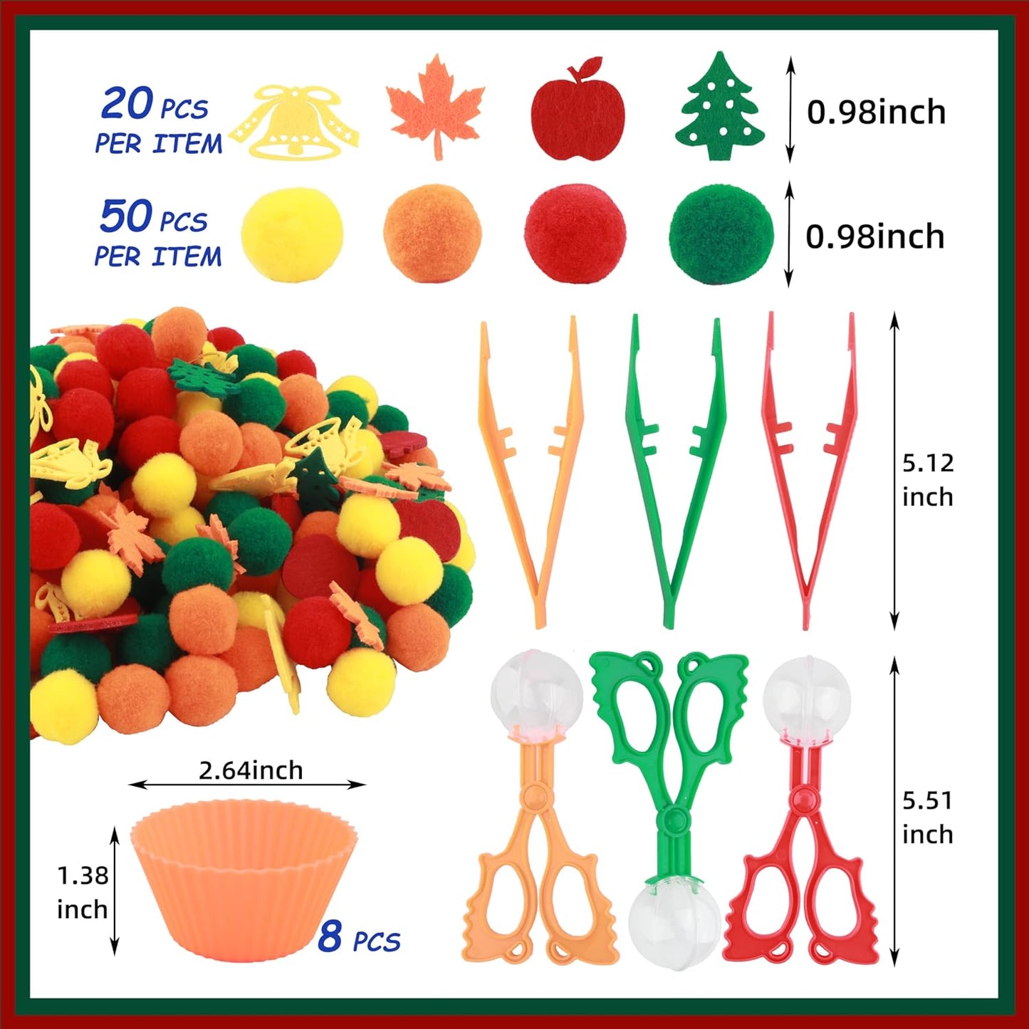 Sensory Bin Filler, Summer Party Gift, Apples,Trees, Pom Poms, Maple Leaves, Bells,Toddler Toys, Counting Sorting Set,Fine Motor Toys Preschool Education Toys,for 3+ Years Old Kids, 294pcs.