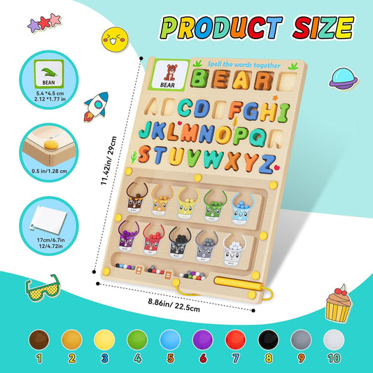 3 IN 1 Double Sided Montessori Toys- Magnetic Color and Number Maze, Toddler Wooden Alphabet Puzzles, Dry Erase Board, Preschool Learning Activities Toys for 3 4 5 6 Years Old Kids Girls Boys