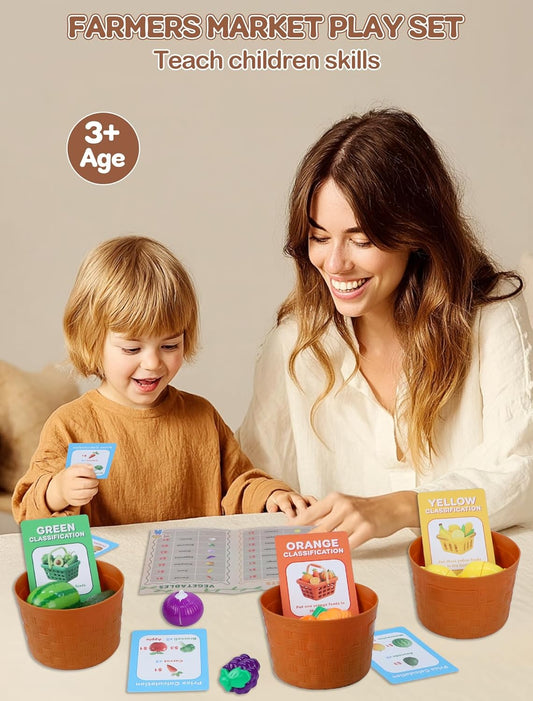 Pretend Farmer Market Toy, Color Sorting Set, Peel & Cut Fruit Vegtables, Learn Counting, Fine Motor Skills, Fruit Cutting Toy, Farmer Market Play Set, Montessori, Play Food Gift for Toddler Ages 3+