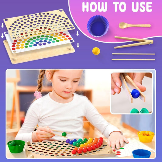 Toddler Wooden Learning Montessori Toys – Preschool educational board bead game Baby Rainbow Stacking Matching Counting Color Sorting for fine Motor Math Skills Boys and Girls for 3 4 5 Years Old