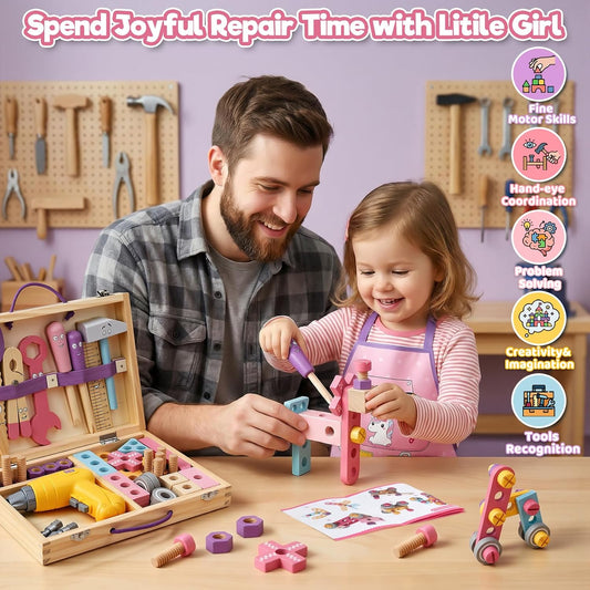 TONZE Wooden Kids Tool Set with Drill 44Pcs Montessori Toys for 3 Year Old Girl, Educational STEM Toys Toddler Tool Set with Apron & Box Birthday Gifts for 3 4 5 6 Year Old Girls(Pink )