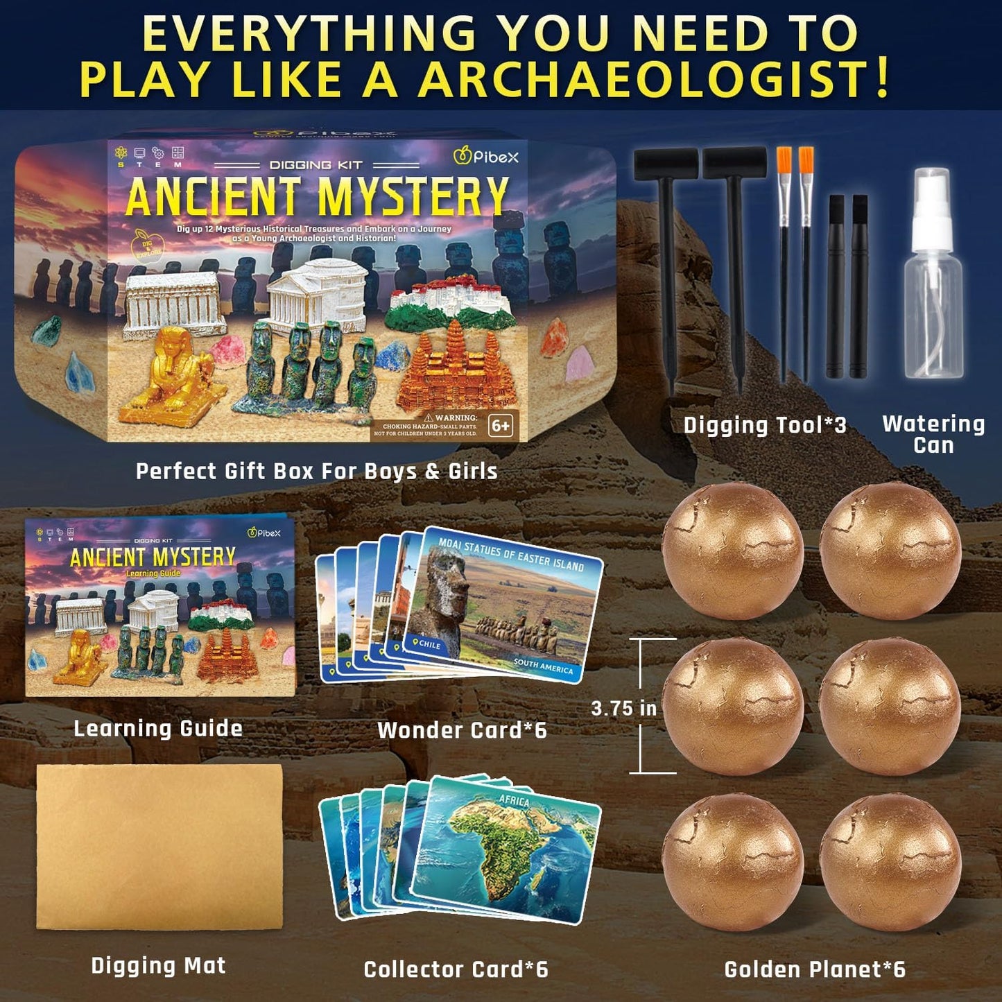 PIBEX Ancient Wonders Dig Kit, Dig up 6 Mystery Historical Landmarks & 6 Treasure Stones, Famous World History Architecture Toy Archaeology Set, STEM History Gift for Kids Age 6-8-12