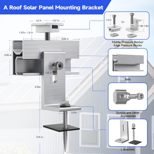 Solar Panel Mounting Brackets Kit 10Pcs Solar Roof Mount Kit for 1-4 Pieces Thickness 1.57-1.6” Solar Panels(100-400W), Aluminum Alloy Mount for Flat Pitched Roof Rack Mounting Brackets