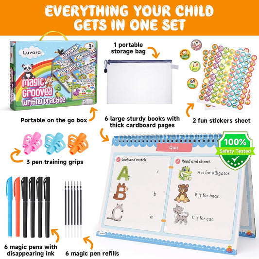 Magic Grooved Writing Practice for Kids Ages 3-8, Reusable Handwriting Practice Books Set (6 Books) with Disappearing Ink Pens, Letter/Number Tracing, Preschool & Kindergarten Learning Kit