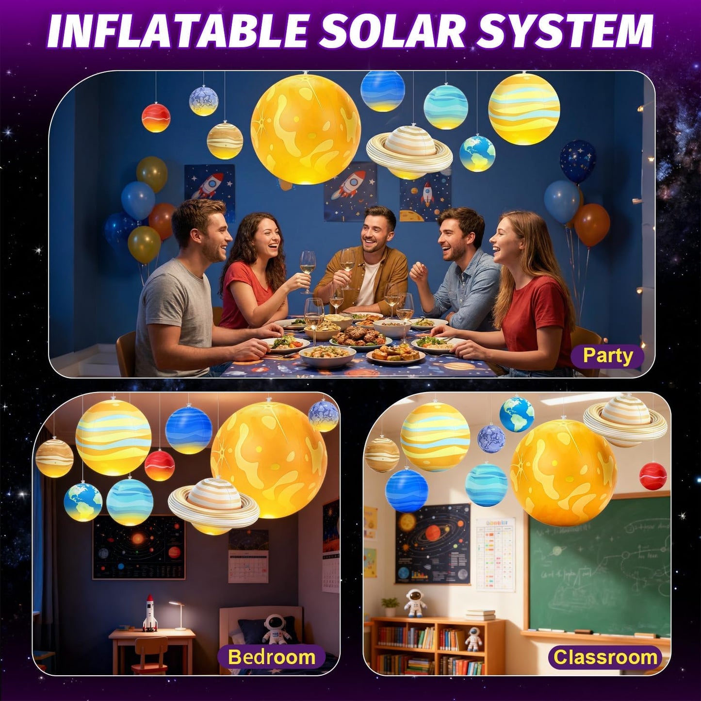 Inflatable Solar System Planets with Lights, 2026 Upgraded Inflatable Solar System 9 Giant Hanging Planets Astronomy Gifts for Ages 5-7, 6-8, 8-12 Outer Space Themed Room Party Decoration