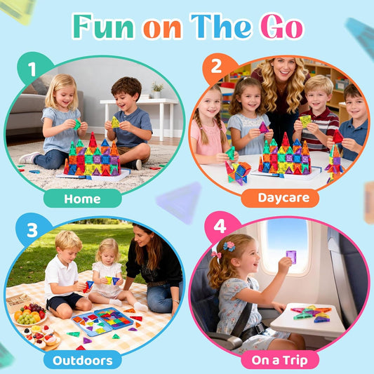 Magnetic Tiles Mini Travel Set with Case - Portable Magnetic Blocks Building for On-the-Go Play, Montessori STEAM Educational Sensory Toddler Toys for Boys Girls Ages 3+