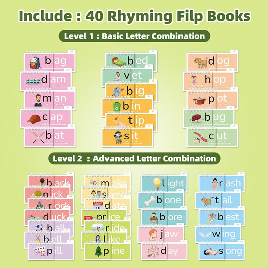 Word Family Build Book, 40 Read and Rhyme Flip Activity Book, Learn to Read Phonics Flash Cards, Sight Words Reading Games for Kids Ages 4-8 Kindergarten 1st 2nd 3rd Homeschool Educational