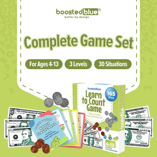 BOOSTEDBLUE Learn to Count Educational Play Money Game | 165 Piece Classroom Set | Ages 4+ | Paper Bills & Plastic Coins | Toy Money & Banking Play Set for Kids
