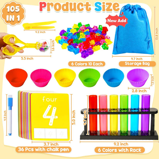 Rileryan 105 Pcs Test Tube Counting and Color Sorting Kit Sensory Bin Filler Accessories Color Matching with Acrylic Gems Crystals Sorting Bowls Cups Tools