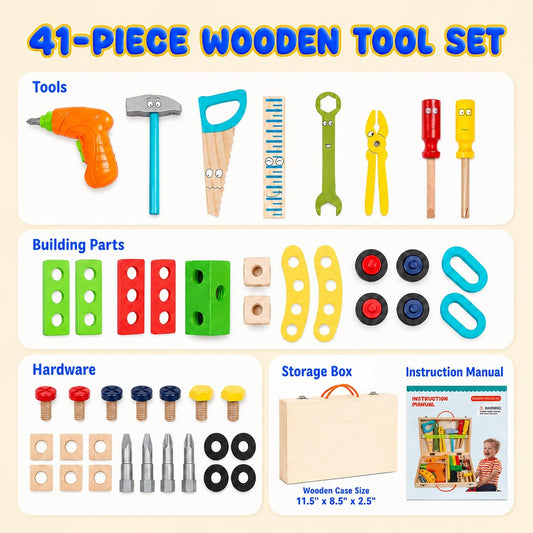 Kids Tool Set with Drill, Montessori Toys for 2 3 4 5 6 Years Toddler Toys Kids Toys, 41 Pcs Wooden STEM Construction Learning Pretend Play Games, Birthday Gift for Boys Girls