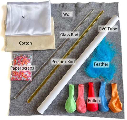 Electrostatic Friction Rod Kit : 3 Cloths, 2 Rods,1PVC Tubes with Feather, Shredded Paper Material Package