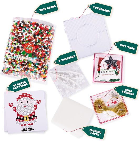 ArtCreativity Christmas Fuse Beads Kit – Fun Christmas Craft for Kids with 3000 Melty Beads, 10 Fuse Bead Patterns, Pegboard, Tweezers, Ironing Paper, Gift Tags & Gold Strings Holiday Set