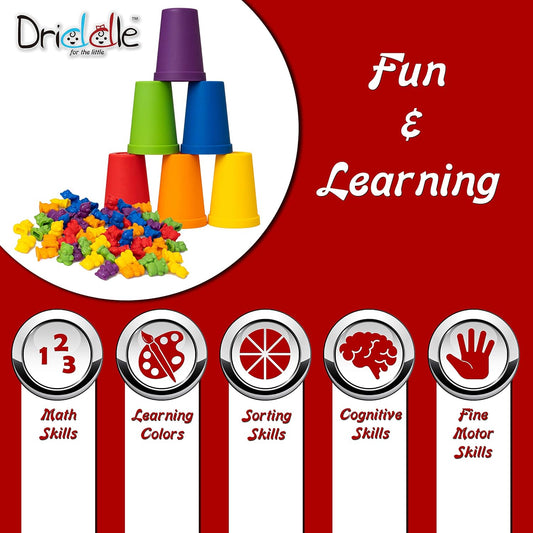 Driddle Colorful Counting Bears with Matching Cups - 100 Bears - Sort, Count & Color Recognition Learning Toy for Toddler & Kids - Montessori Education - Preschool Game