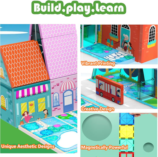 Magnetic Tiles for Kids, Fairytale Town Road Set, Magnetic Blocks Magnet Building Toys for 3-5 4-8 Years Old Boys Girls, Expansion Themed Magnet Educational STEM Creativity Toys 3+ Toddlers Xmas Gifts