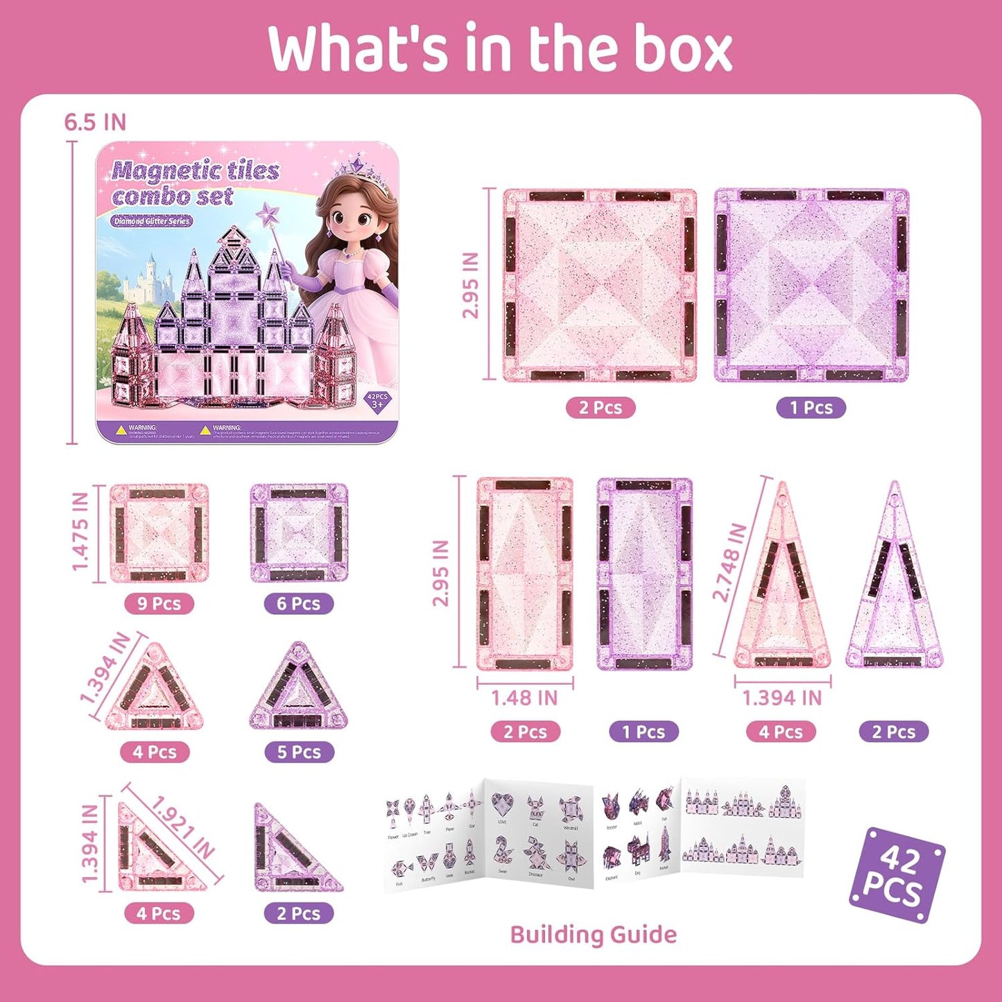 Magnetic Tiles Girls Travel Toy: 42 PCS Pink Glitter Building Blocks Castle Tin Box - 120 Mins Quiet Play 60s Cleanup - Toddler Kids Gift Age 3 4 5 6