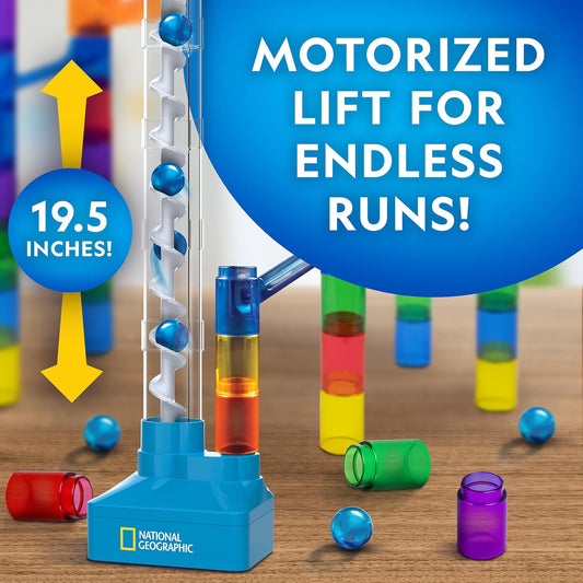 National Geographic Marble Run with Motorized Elevator - 150-Piece Marble Maze Kit with Motorized Spiral Lift, 30 Marbles, Storage Bag & More, Perpetual Motion Machine, Kids Physics Toys