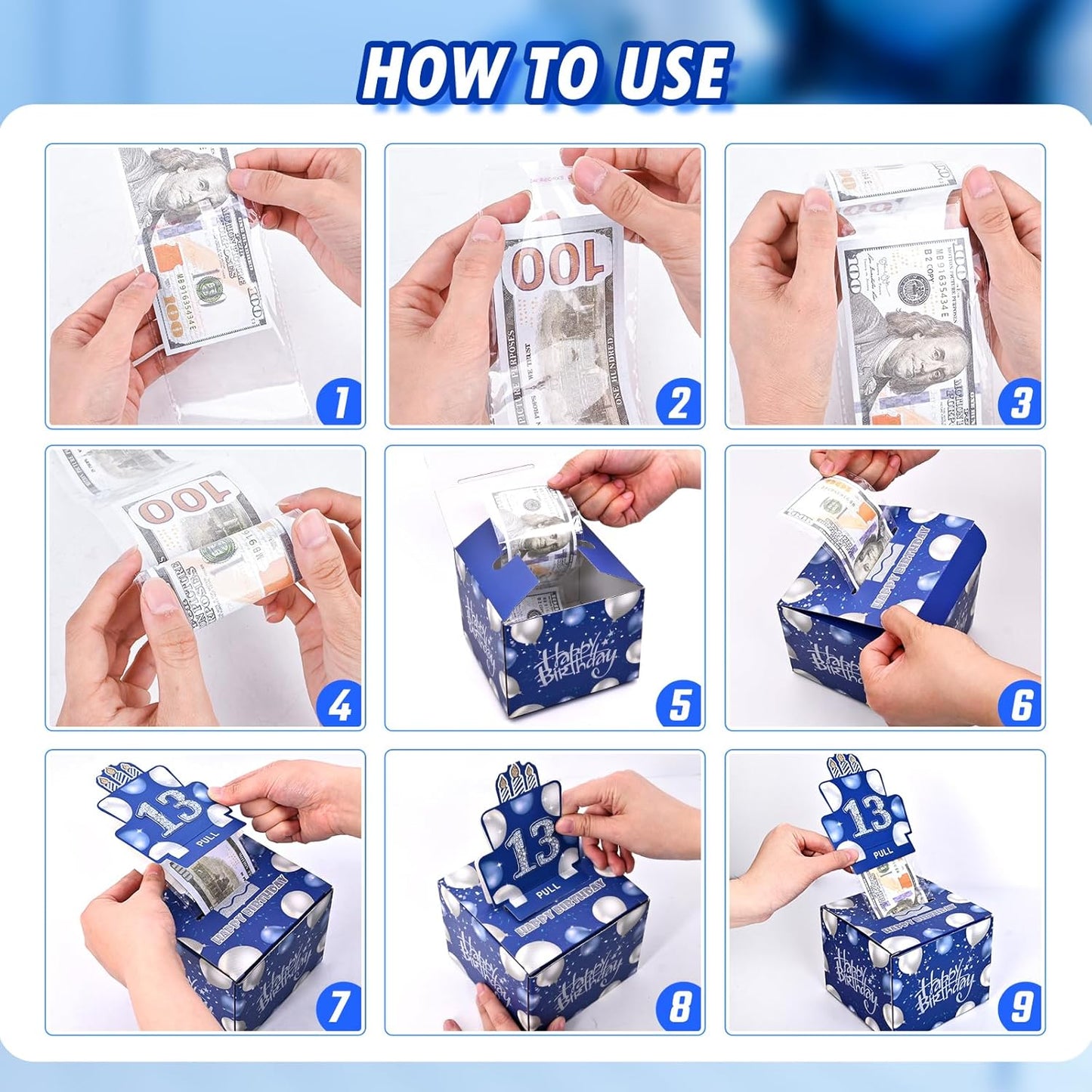 10 Happy Birthday Money Box for Cash Gift, 10th Birthday Decorations for Boys and Girls, Gifts for 10 Year Old Boy, Boy Gift Ideas, Cool Things for Teen -Blue with 100PCS Bags