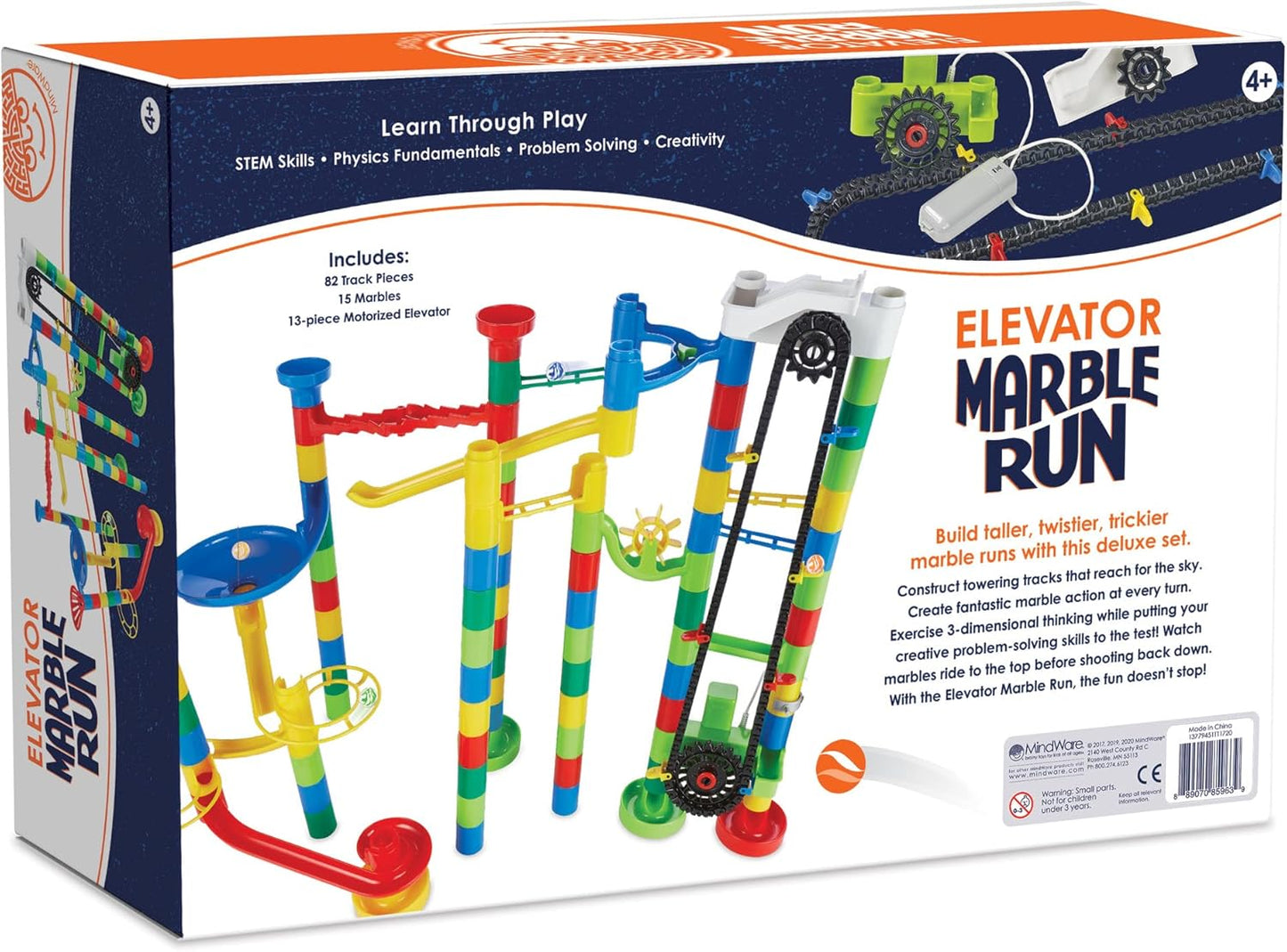 MindWare Marble Run 110 Piece Building Set with 82 Track Pieces, 15 Marbles and Motorized Elevator