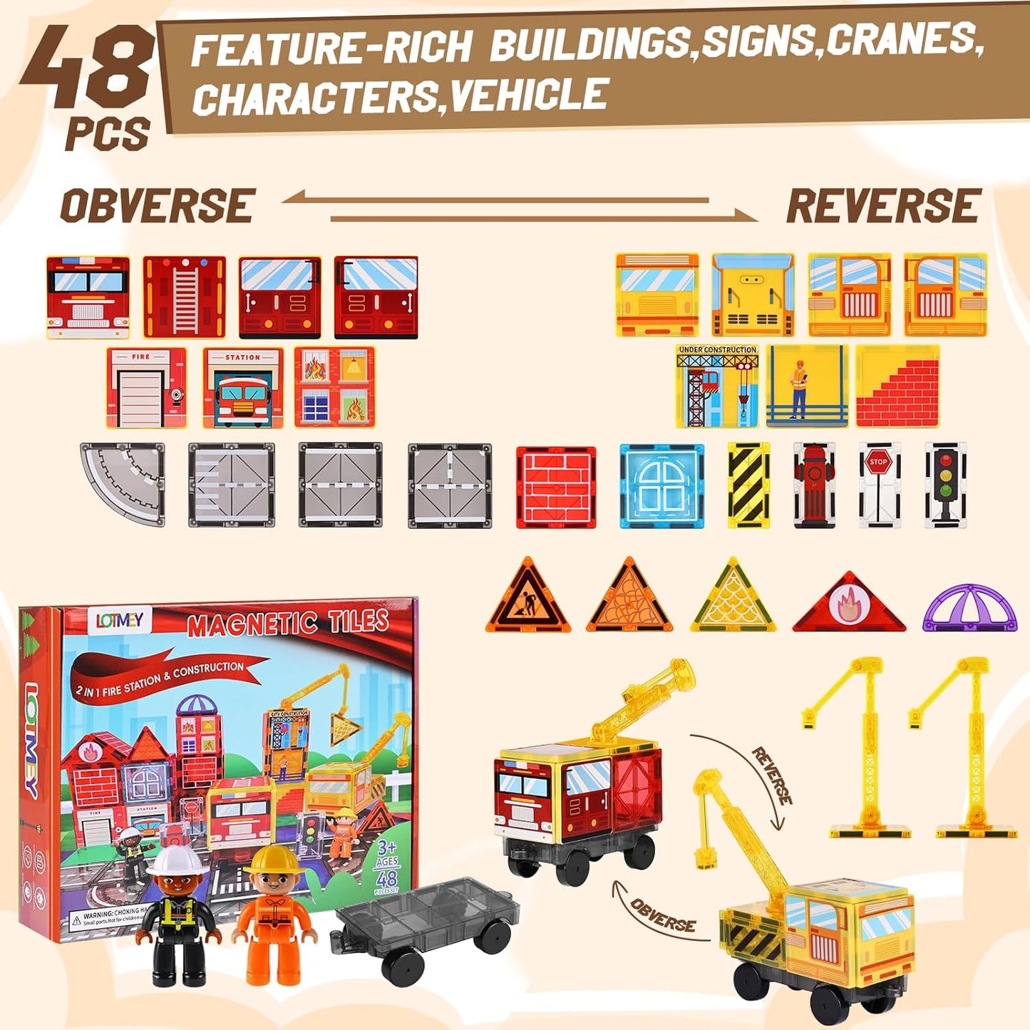 Magnetic Tiles Road Set with 2 Cranes & Double-Sided Magnet Tiles,Boys Toys for Ages 3-5 5-7 8-12,STEM Magnetic Building Construction Toys Include Car,Stations,Dolls,Roads,Signs,Gifts for 3+ Kids