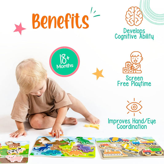 Klevly Large 3 Pk Wooden Toddler Puzzles Ages 2-4 | Wooden Puzzles for Toddlers 1-3 | Montessori Toys for 2 Year Old | Toddler Toys Age 2-4 | Educational | STEM