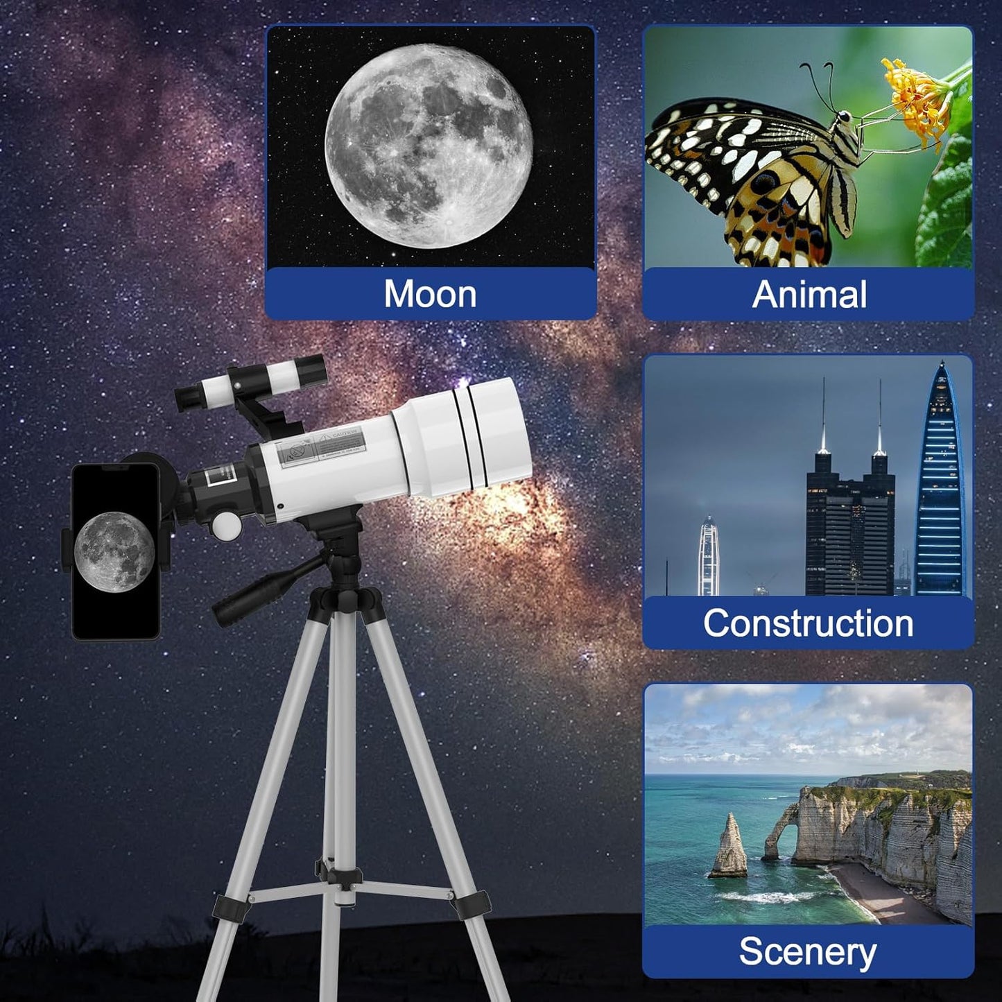 Telescope for Adults & Kids, 70mm Aperture Astronomical Refractor Telescopes for Astronomy Beginners (15X-150X), 300mm Portable Telescope with an Phone Adapter & A Wireless Remote