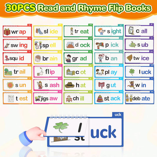 30PCS Read and Rhyme Flip Books, Interesting Word Family Flip Books, Phonics Flash Cards, Sight Words Flash Cards Kindergarten, Read and Rhyme Flip Activity Book