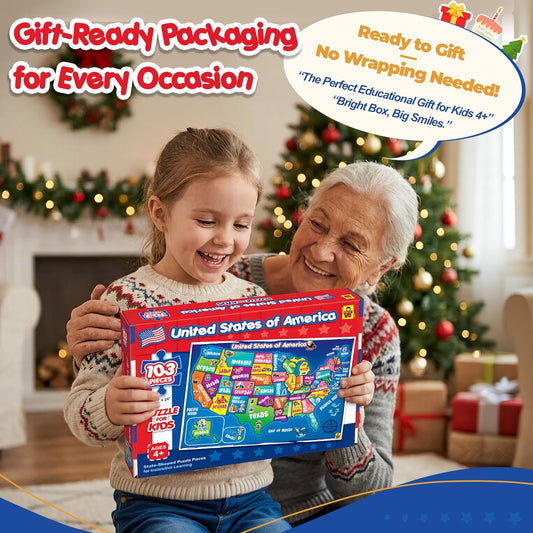 United States Map Puzzle for Kids Ages 4-8 - 103 Piece USA Geography Floor Jigsaw with State Shaped Pieces, Large 18x24 Educational Learning Toy – Each State is Individual Flat Piece