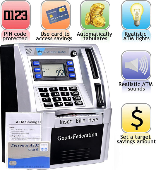 ATM Piggy Bank for Real Money for Kids Adults,Toy Money Bank with Card,Password,Coin Recognition,Bill Feeder,Balance Calculator,Electronic Money Safe Coin Box,Hot Gift for Boys Girls