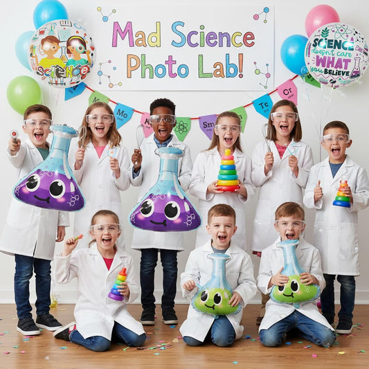 Science Party Decorations for Kids | 4 Pack STEM Foil Balloons with Lab Beaker and Science Icons | Educational Birthday Party Supplies for Classroom and Mad Scientist Theme