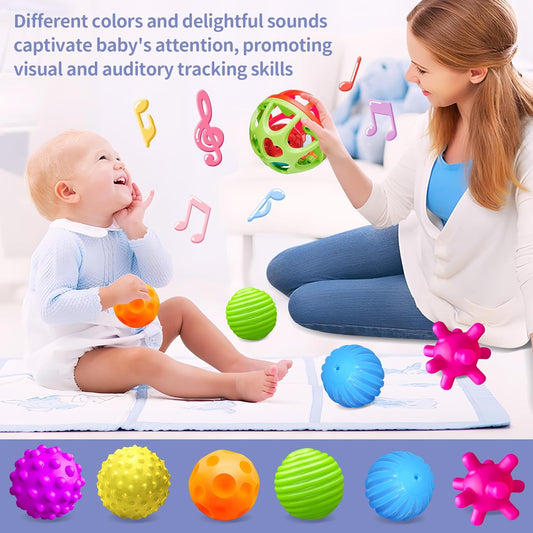 Montessori Sensory Toys Bundle: 8PCS Stacking Cups & Castle Nesting Blocks + Hand-Catching Sensory Balls & Baby Rattle, Textured Teether & Bath Toys for Babies 3–6M & Toddlers 1–3