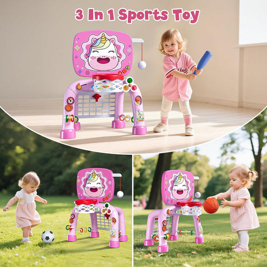 HYES Toddler Basketball Hoop Tball Set & Soccer Goal - Lion Sport Toys for 1 Year Old Boy with Learning Activities (Abacus/Alphabet/Animals Sounds) Christmas Birthday Gifts for Baby Boy Age 1 2 3