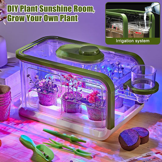 Kids Plant Growing Kit, Kids Gardening Greenhouse Growing Kit with Drip Irrigation and Grow Lights, Science STEM Toys Terrarium Kit for Boys Girls 3 4 5 6 7 8 Year Old,Kids Flower Growing Kit