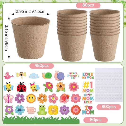 Resurhang 80 Pack Mothers Day Crafts Bulk Spring Crafts Garden Paper Pot Kits with Sticker DIY Your Own Flower Pot Planting Growing Kit for Home Art Gift
