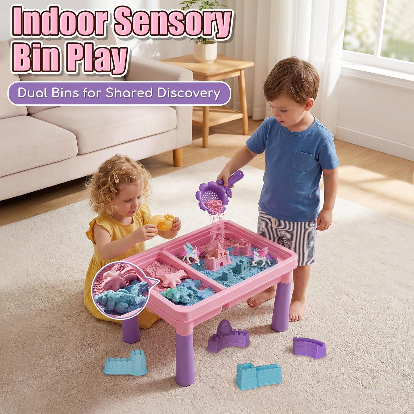 Lehoo Castle Sensory Table with Sensory Sand, Indoor Sensory Bin with Lid & 2.6lbs Play Sand, Construction Kit with 6 Alloy Trucks & Castle Molds, Sensory Toys for Toddler Boys and Girls
