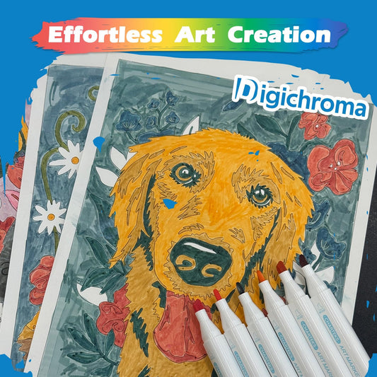 Digichroma Disappearing Lines Paint by Numbers Kit for Kids Ages 6-12, Color by Numbers Kit with16 Dual-Tip Washable Markers, 4 Animal Coloring Pages & Blank Papers, Heat-erase Lines Frame-Worthy Art