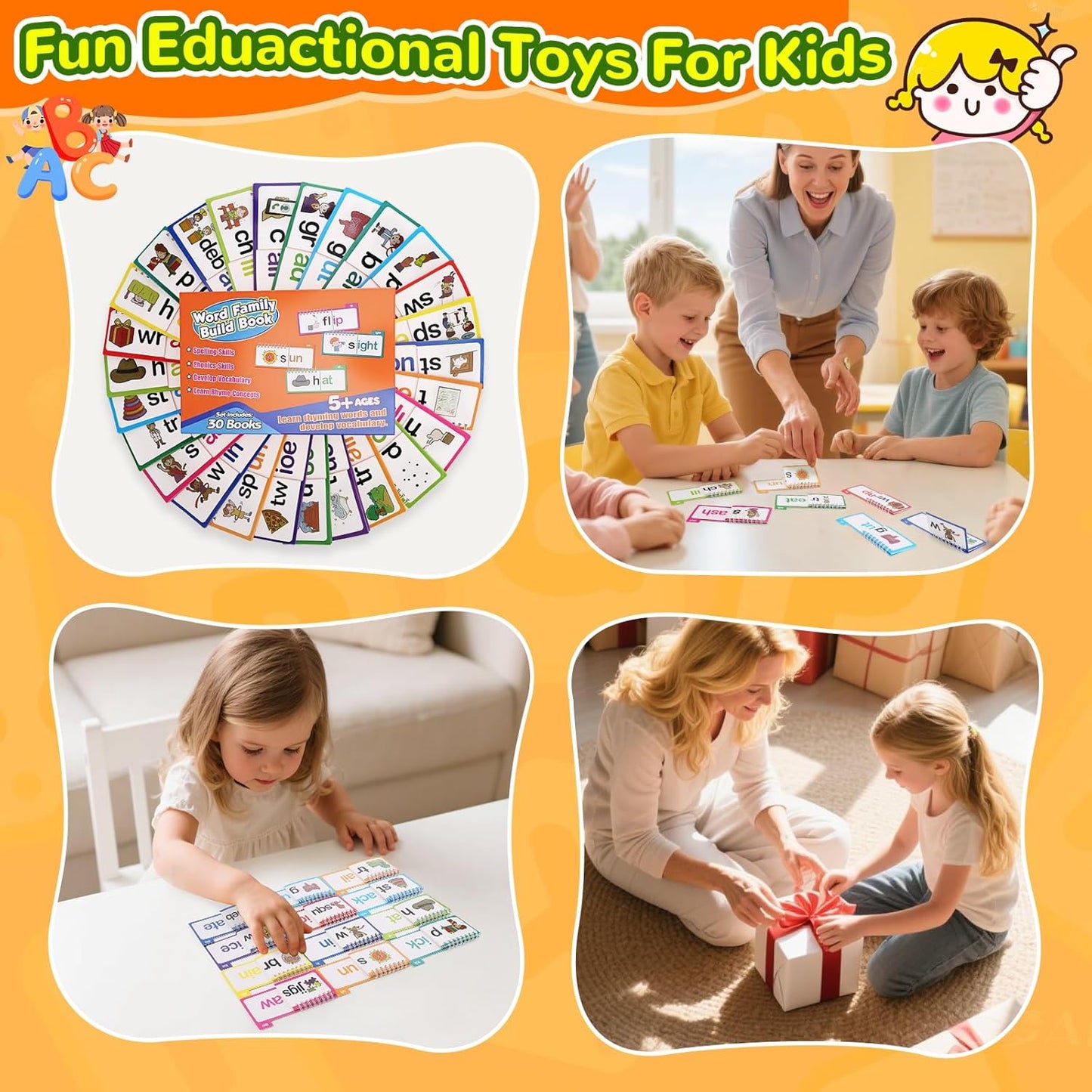 30PCS Read and Rhyme Flip Books, Interesting Word Family Flip Books, Phonics Flash Cards, Sight Words Flash Cards Kindergarten, Read and Rhyme Flip Activity Book