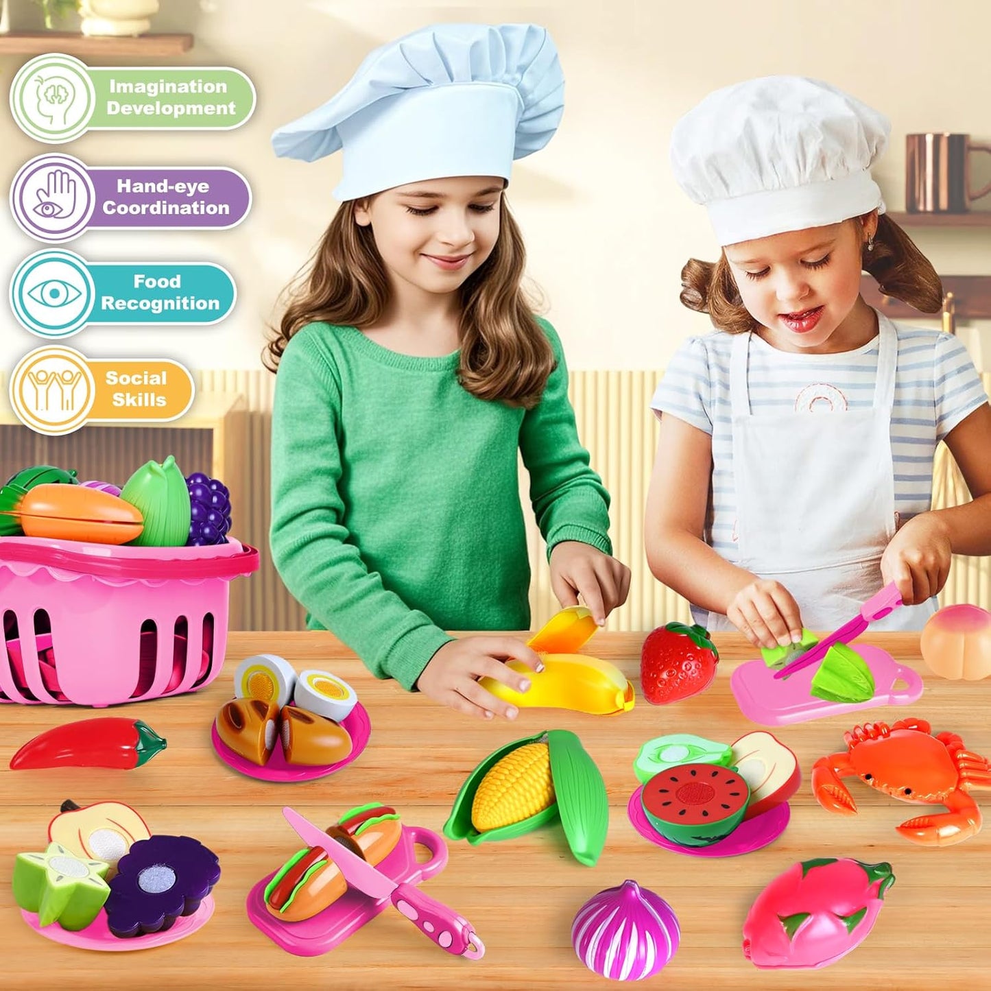 100 Pcs Play Food Set for Kids Kitchen, Pretend Food Toy for Toddlers Age 1-3, Plastics Cutting Fake Food/ Fruit/ Vegetable Accessories with 2 Baskets, Birthday Gifts for 2 3 4 5 Years Old Boys Girls