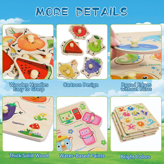 Wooden Peg Puzzles for Toddlers, 4 PCS Toddler Puzzles Set-Fruits, Sea Animals, Home Appliances, Vegetables, Baby Puzzle Montessori Toys for 3 4 5 Years Boys Girls, Kids Preschool Learninng Toys Gift