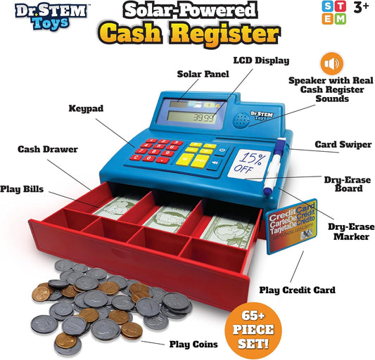 Dr. STEM Toys Solar Powered Calculator Pretend Cash Register with Play Money – 67-Piece Set for Learning Math Skills, STEM Cash Register for Kids (Gray)
