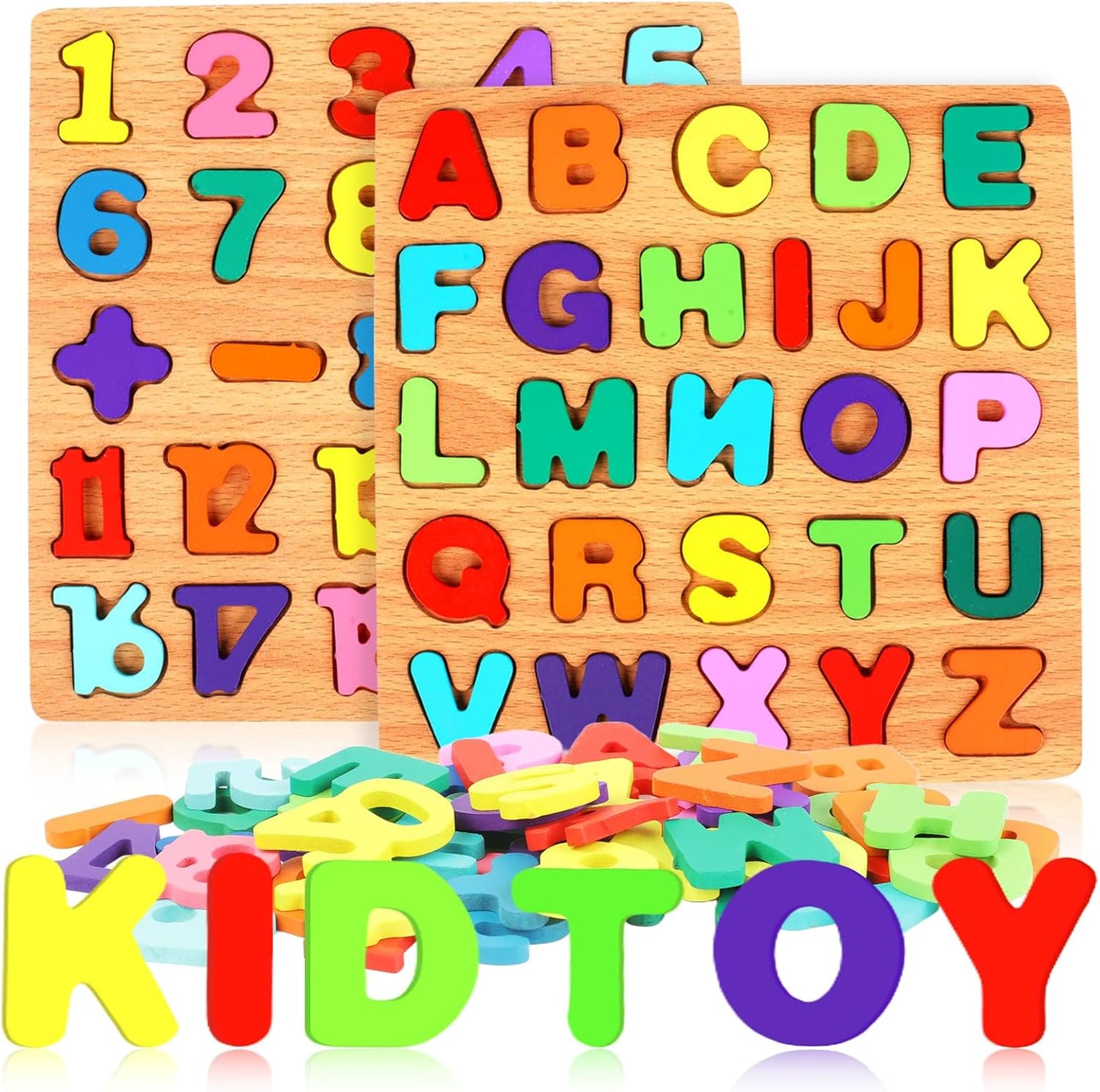 2 Pack Wooden Puzzles, Toddlers Alphabet Number Puzzles, ABC Learning Toys for Kids Ages 3-5, Preschool Learning Activities Gift Set for Boys & Girls