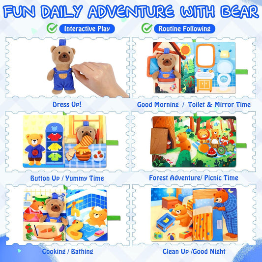 Esjay Busy Book for Toddlers 1-3, Bear Busy Board Montessori Toys, Learning Activities Fine Motor Skills Book, Birthday Gifts 1 2 3 4 Year Old Toddler Baby Girls Boys, Travel Toy for Airplane Car