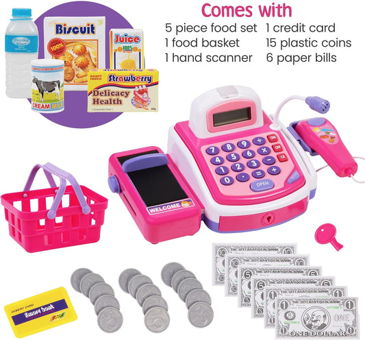 Prextex Grocery Store Pretend Play Electronic Toy Cash Register Set - STEM Cash Register for Kids with Microphone, Play Money, and Food Basket - Kids Checkout Toys with Scanner- Pink